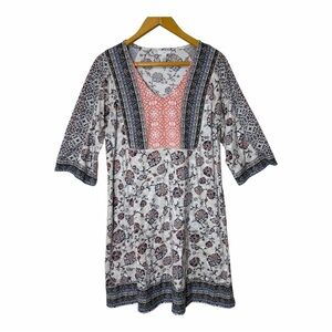 J. Jill Boho Floral Print Knit Tunic Dress Lagenlook Cotton Blend S Elbow Sleeve